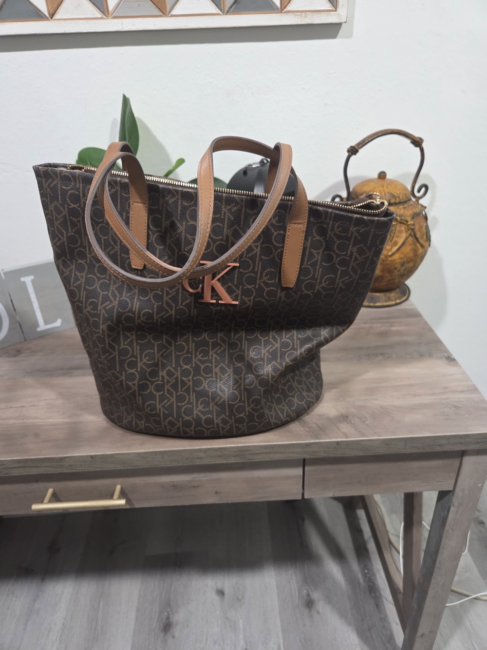 Calvin Klein Brown Monogram Tote Bag with Tan Handles